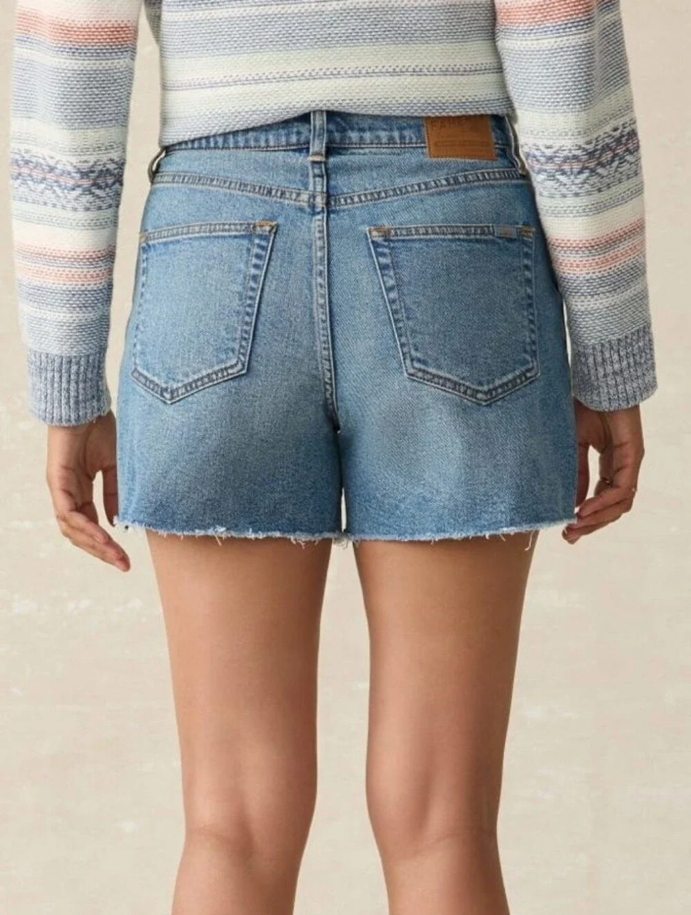 Faherty Indigo Dyed light distress high rise denim cutoff shorts